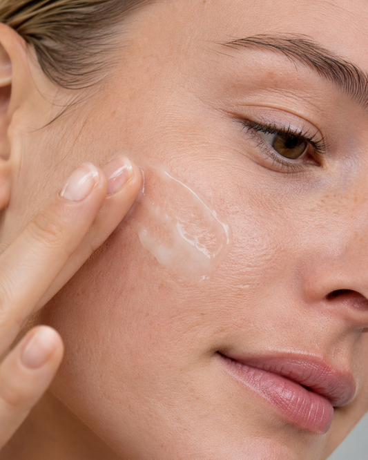 Frau trägt HATTS Naturkosmetik Hyaluron Serum mit Aloe Vera im Gesicht auf – vegane Feuchtigkeitspflege mit Vitamin C+E