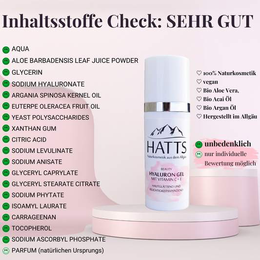 unbedenkliche Inhaltsstoffe im HATTS Hyaluron Gel Naturkosmetik aus dem Allgäu