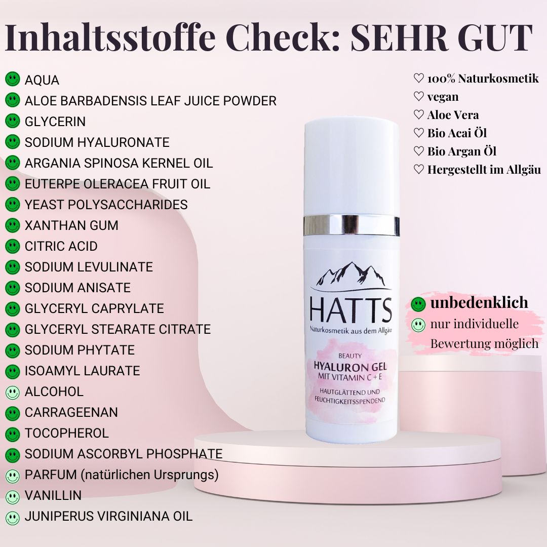 HATTS Hyaluron Gel mit Vitamin C + E, Aloe Vera, Naturkosmetik aus dem Allgäu