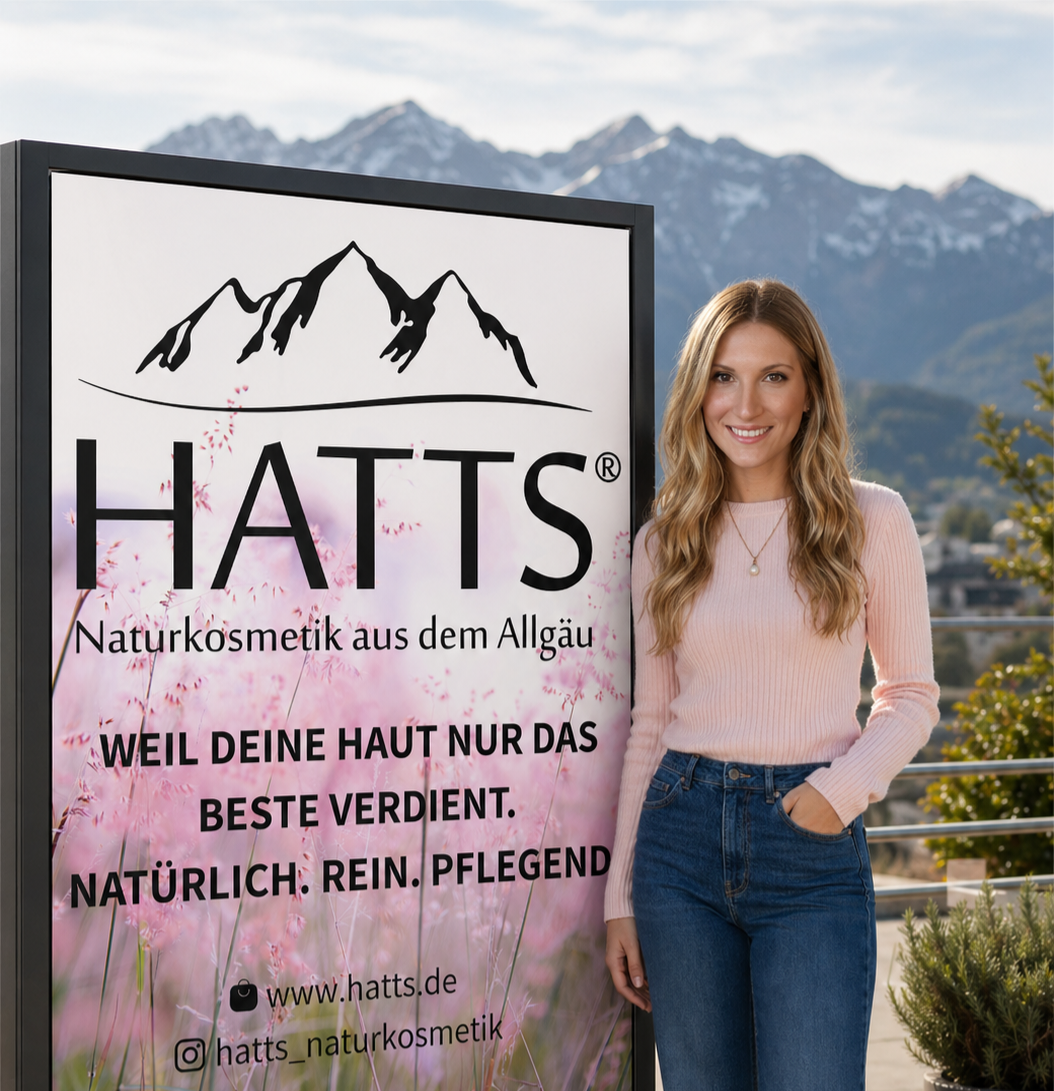 Eva, Gründerin von HATTS Naturkosmetik, steht neben einem HATTS-Plakat vor dem Panorama der Allgäuer Alpen