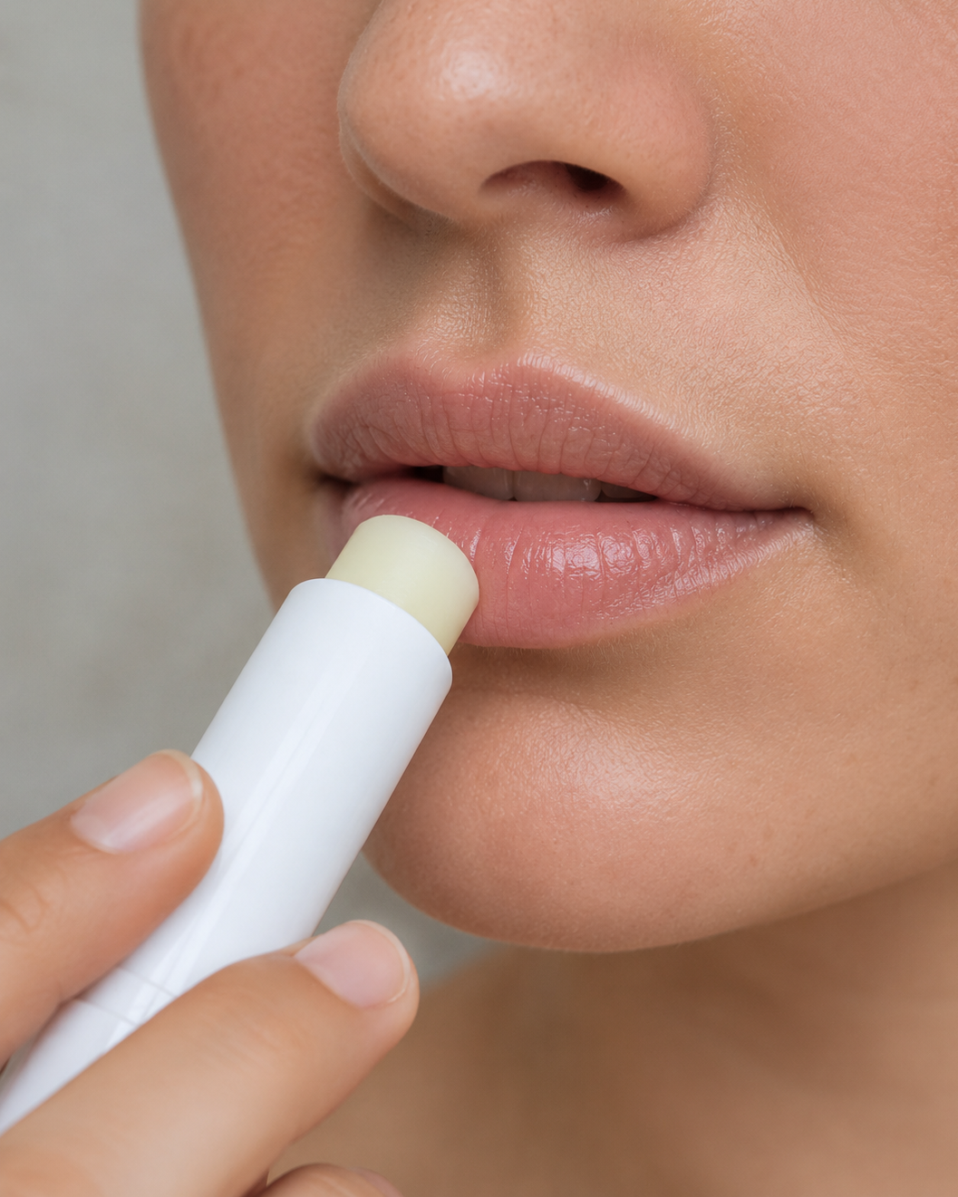 HATTS Naturkosmetik Lippenpflegestift in Anwendung – Frau trägt natürlichen Lippenbalsam mit Bio-Inhaltsstoffen auf die Lippen auf, Nahaufnahme