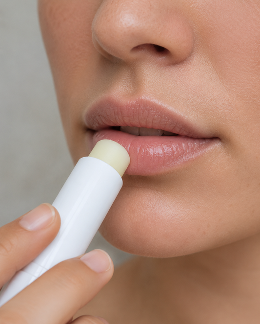 HATTS Naturkosmetik Lippenpflegestift in Anwendung – Frau trägt natürlichen Lippenbalsam mit Bio-Inhaltsstoffen auf die Lippen auf, Nahaufnahme