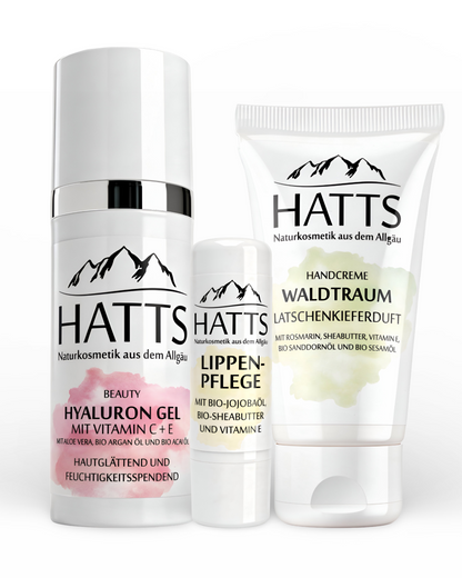 HATTS Pflegeset mit Hyaluron Serum, Handcreme Latschenkiefer und Lippenpflegestift – vegane Naturkosmetik aus dem Allgäu.
