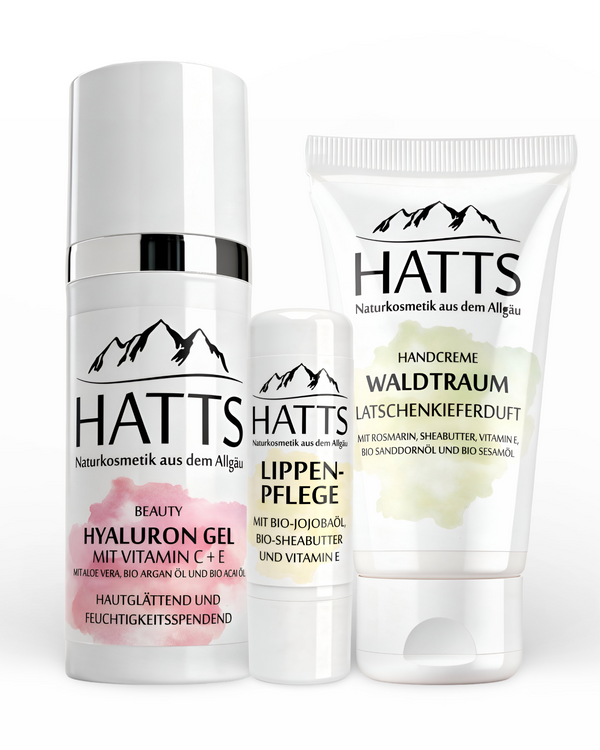 HATTS® Pflegeset mit Hyaluron Gel, Handcreme und Lippenpflege für trockene Haut im Winter